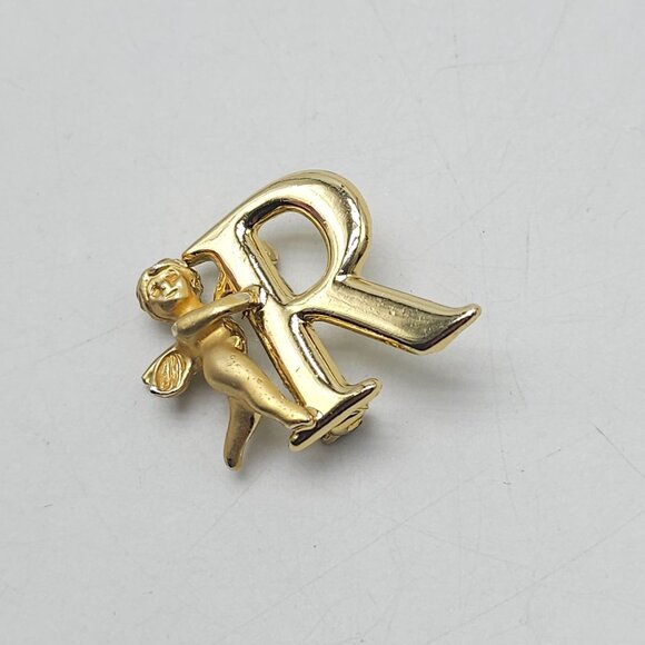 Vintage Gold Angel Initial R Cherub Decorative Brooch Pin L Razza Signed - Picture 2 of 5
